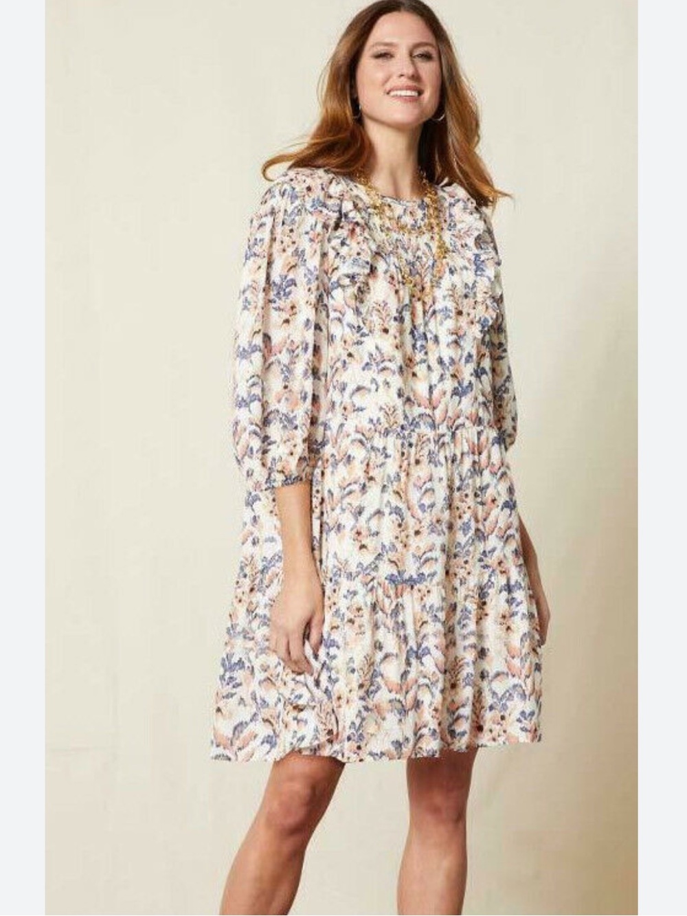 Matilda Jane Good Hart Women’s S Cream & Blue Floral 3/4 Sleeve Midi Dress EUC